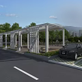 Modern White Pergola With Lattice Structure Near Parking Lot And Green Trees