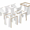 Elegant Wooden Canopy Structures With White Hanging Curtains For Interior Design 3d model