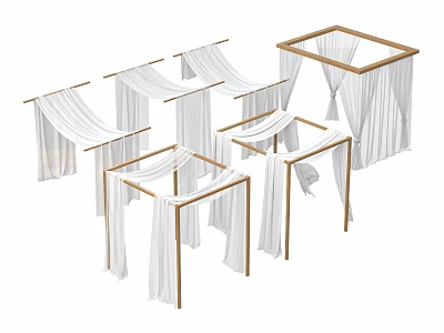 Elegant Wooden Canopy Structures With White Hanging Curtains For Interior Design 3d model