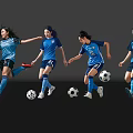 Women Soccer Players in Blue Jerseys Performing Dynamic Football Moves with Balls