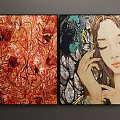 Two Art Paintings Featuring Red Branch with Birds and Female Portrait with Leaves