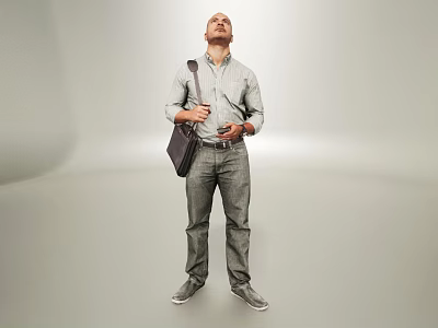 A Man Standing In Light Background Wearing Light Shirt And Jeans Carrying Bag Checking Smartphone 3d model