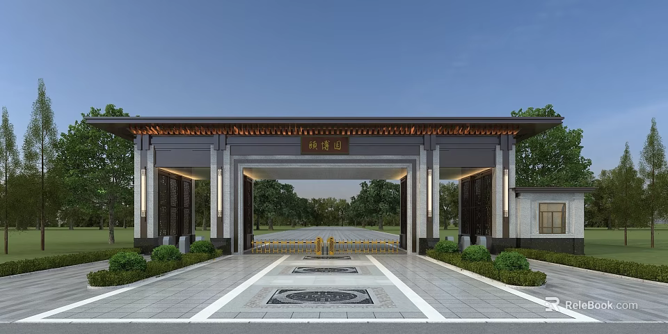 Traditional Chinese Entrance Gate With Ornate Eaves Plaque Symmetric Columns And Stone Pathway 3d model 