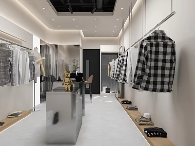 Modern Clothing Store Interior Design With Hanging Clothes Display Racks And Cashier Counter 3d model