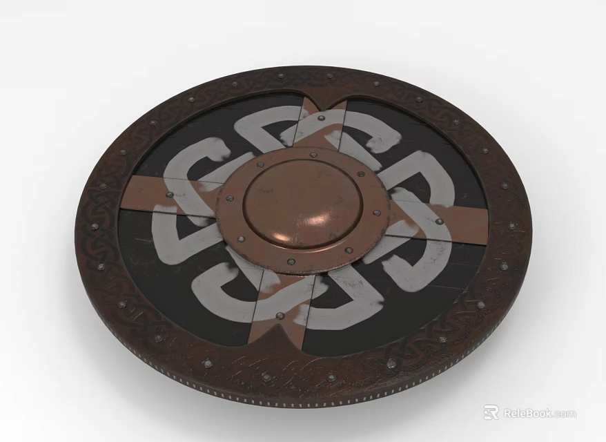 Decorative Circular Shield With Brown Border Copper Center And White Interlaced Patterns 3d model 