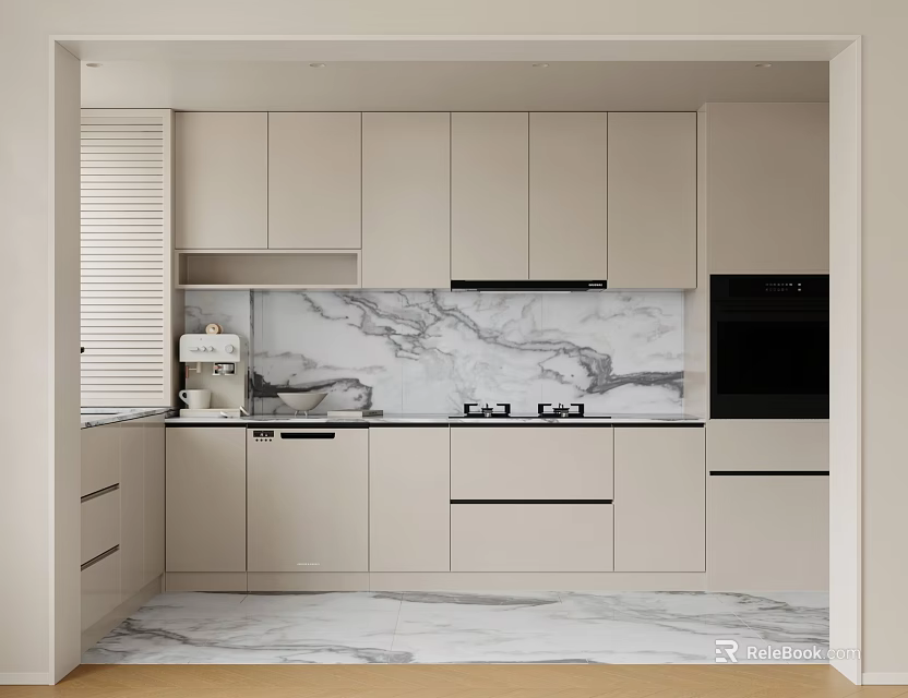 Sleek Modern Kitchen Cabinets In Light Color With Marble Countertop And Range Hood 3d model 