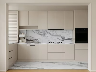 Sleek Modern Kitchen Cabinets In Light Color With Marble Countertop And Range Hood 3d model