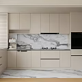 Sleek Modern Kitchen Cabinets In Light Color With Marble Countertop And Range Hood