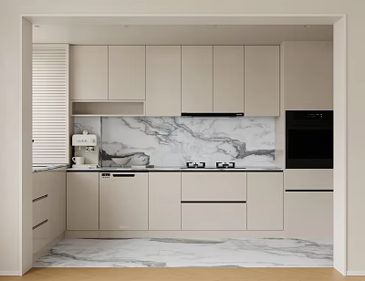Sleek Modern Kitchen Cabinets In Light Color With Marble Countertop And Range Hood 3d model