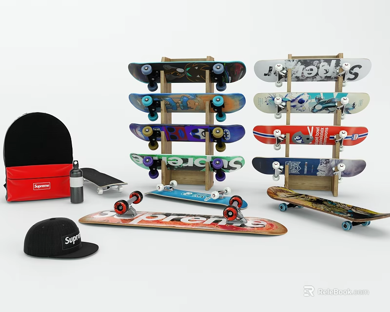 Colorful Skateboard Sports Equipment with Multiple Decks Display Rack Cap and Storage Bag 3d model 