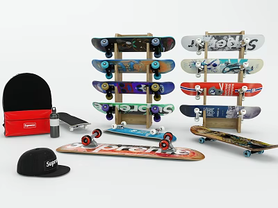 Colorful Skateboard Sports Equipment with Multiple Decks Display Rack Cap and Storage Bag 3d model