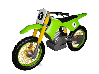 Green Off-Road Motorcycle With Yellow Forks Black Seat Number 0 Front And Number 1 Side 3d model