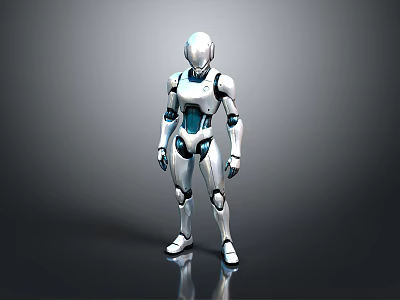 Humanoid Robot With White Blue Mechanical Structure Standing On Reflective Surface 3d model