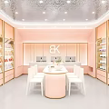 Elegant Modern Beauty Salon Interior with Pink Decor Product Displays and White Chairs