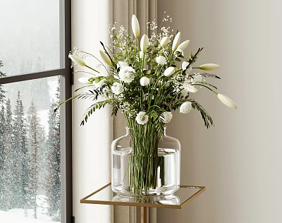 Transparent Glass Vase With White Flowers On Gold Table By Snowy Window With Pine Trees 3d model