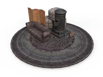 Vintage Interior Design Featuring Circular Rug Sofa Wooden Panel And Classic Stove 3d model