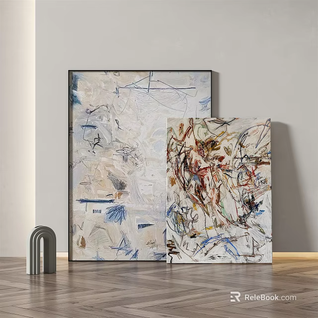 Two Abstract Paintings With Colorful Brush Strokes In Modern Interior Decor 3d model 