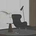 Contemporary Leather Leisure Chair With Ottoman Side Table Floor Lamp Blinds And Plant