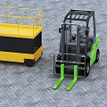 Green Forklift And Yellow Scissor Lift As Industrial Utility Vehicles In Warehouse Area