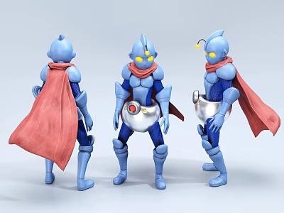 Game Movie Character Blue Armor Red Cape Yellow Eyes Circular Chest Device Three Angle Views 3d model
