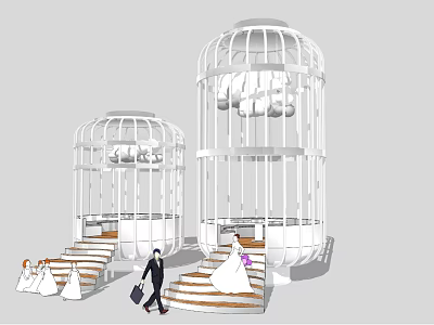 Wedding Ceremony Scene With Large White Birdcage Structures Steps Bride And Groom 3d model