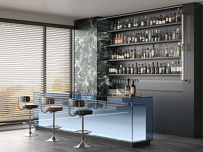 Modern Bar With Glass Counter Marble Accent Wall Wine Racks Bar Stools And Windows 3d model