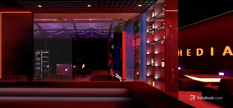 Modern Bar Interior With Colorful Lighting Glass Wine Shelves And Cozy Atmosphere 3d model 