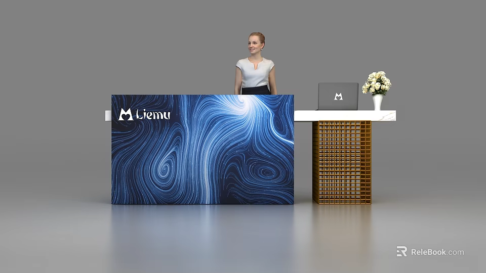 Modern Reception Desk With Lienna Logo Blue Wave Pattern Laptop And Flower Arrangement 3d model 