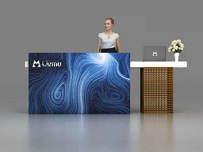 Modern Reception Desk With Lienna Logo Blue Wave Pattern Laptop And Flower Arrangement 3d model