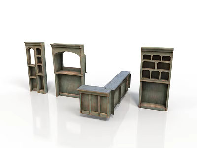 Vintage Greenish Wooden Shelves With Arched Design And Multiple Storage Compartments 3d model