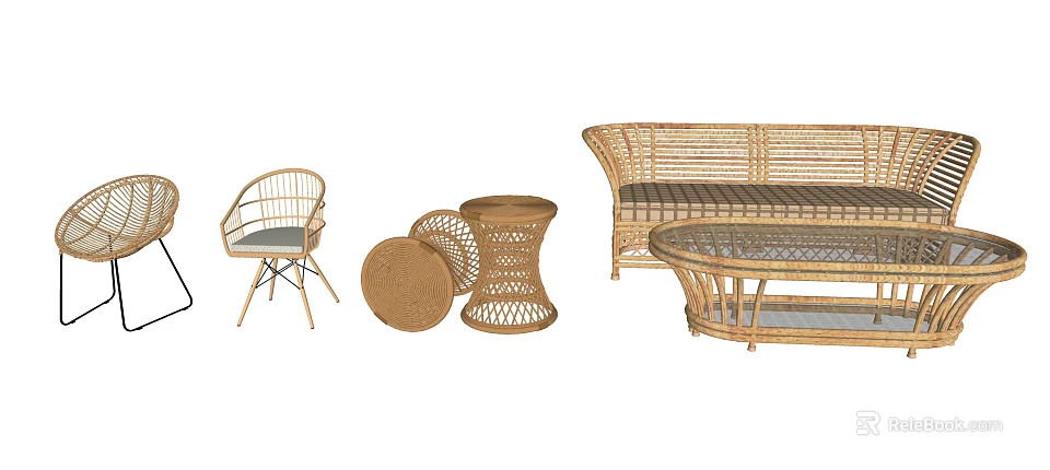 Natural Rattan Sofa Coffee Table Set With Matching Chair And Casual Design 3d model 