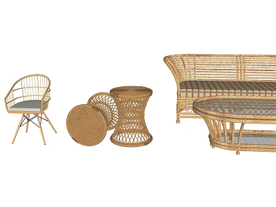Natural Rattan Sofa Coffee Table Set With Matching Chair And Casual Design 3d model