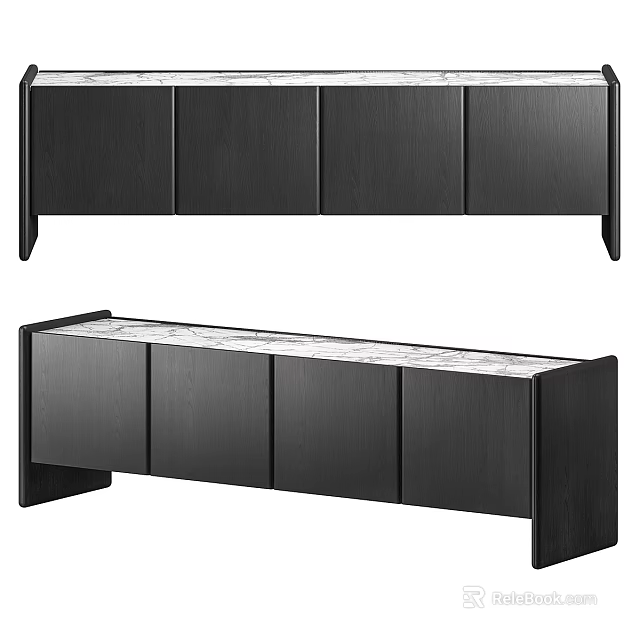 Black Modern TV Stand With Wooden Cabinets And Marble Top Contemporary Sleek Design 3d model 
