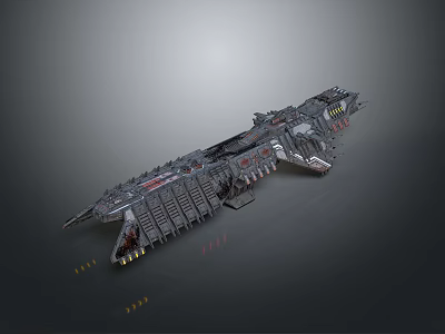 Futuristic Detailed Sci-Fi Spaceship Model Elongated Shape Gray Exterior Red Yellow Accents Complex Structure 3d model