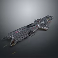 Futuristic Detailed Sci-Fi Spaceship Model Elongated Shape Gray Exterior Red Yellow Accents Complex Structure