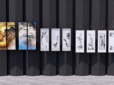 Traditional Chinese Hanging Paintings With Landscape And Flower Designs On Dark Wall 3d model