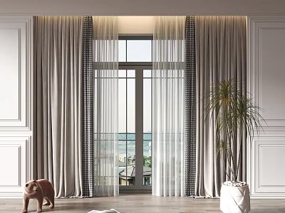Modern Floor to Ceiling Curtain for Window with Green Plant in Simple Living Room Interior 3d model