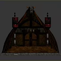 Ancient Traditional Building Model with Curved Thatched Roof Wooden Structure Stone Steps and Red Flags