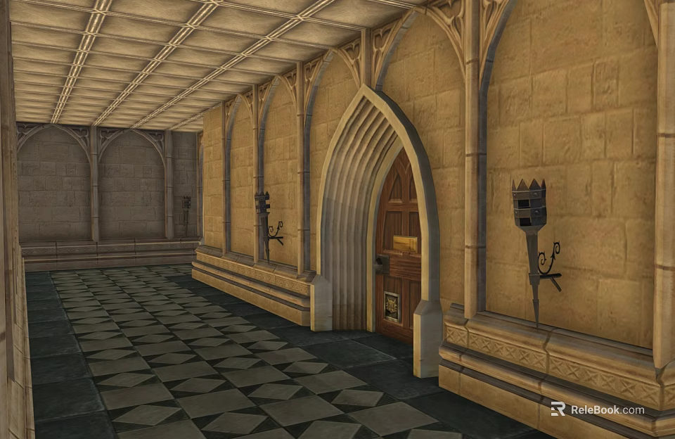 Ancient Architecture Interior With Arched Wooden Door Stone Walls Ornate Ceiling And Geometric Tiles 3d model 