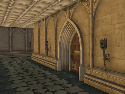 Ancient Architecture Interior With Arched Wooden Door Stone Walls Ornate Ceiling And Geometric Tiles 3d model