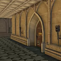 Ancient Architecture Interior With Arched Wooden Door Stone Walls Ornate Ceiling And Geometric Tiles