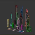 Cartoon Scene of Lego City Skyscrapers with Various Heights and Colorful Details