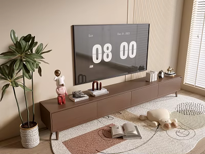 Modern Brown Wooden TV Stand With TV Screen Decorative Items Potted Plant Carpet And Books 3d model
