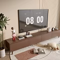 Modern Brown Wooden TV Stand With TV Screen Decorative Items Potted Plant Carpet And Books