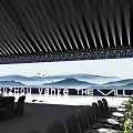 Elegant Stage Setup With Large Screen Mountain Water Pattern And Neatly Arranged Dining Tables