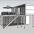 White Container Building with Glass Windows Terrace and Staircase in Green Grass