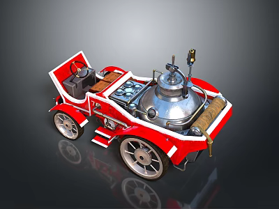Red Vintage Steam Car Model With Classic Wheels And Steam Apparatus 3d model