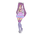 Woman with long pink hair and pigtails in pink top and colorful plaid skirt