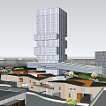 Modern High Rise Office Building With Glass Facade Green Landscaping And Water Features