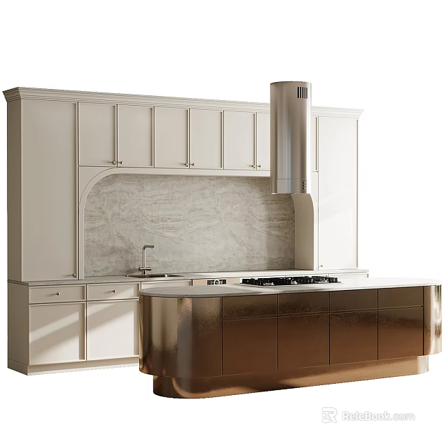 Modern Kitchen Interior With White Cabinets Marble Backsplash Stainless Steel Range Hood And Gold Countertop 3d model 